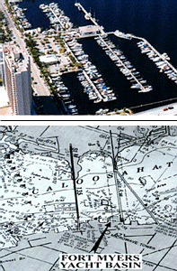 Here is an aerial shot of Fort Myers Yacht Basin, and a chart showing our location on the Caloosahatchee River, between the two bridges connecting Fort Myers to North Fort Myers