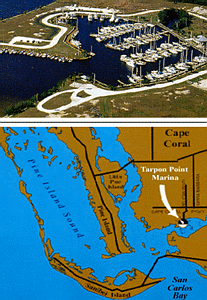 Here is an aerial shot of Tarpon Point Marina, and a map showing the location on the north shore of the Caloosahatchee River, not so far in from the mouth of the river.